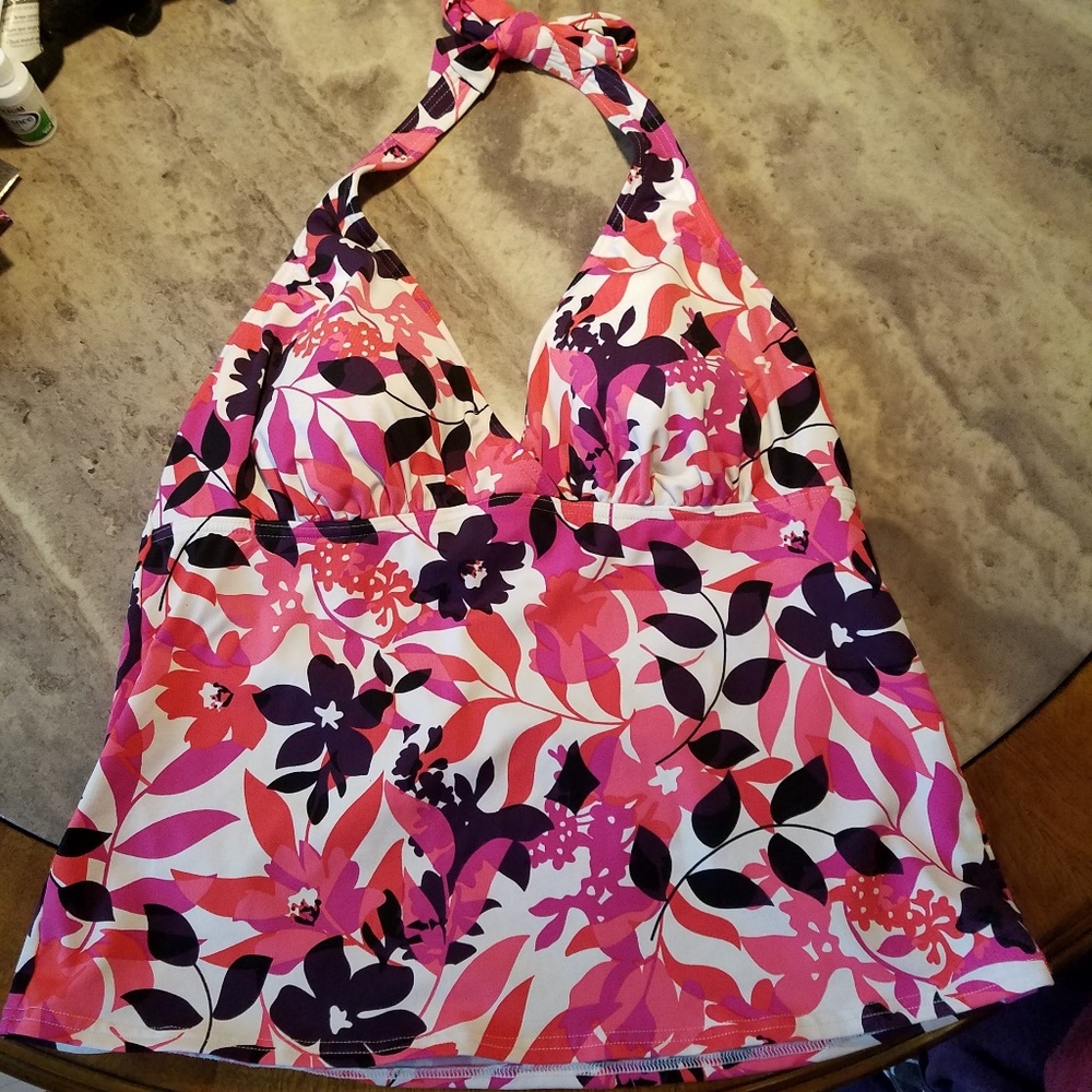 Lands End Halter Tankini Top Pink Floral 10 EUC